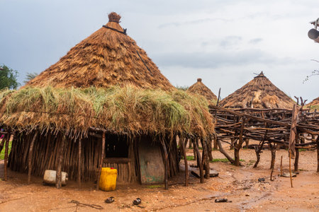 Houses in a village of Hamer tribe near Turmi, Ethiopiaの写真素材