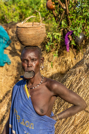 OMO VALLEY, ETHIOPIA - FEBRUARY 6, 2020: Mursi tribe woman in her village, Ethiopiaのeditorial素材