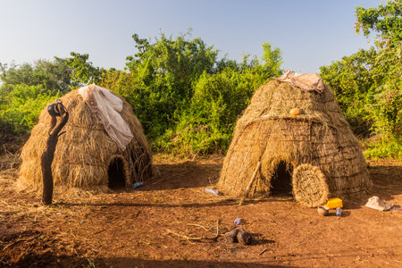 Huts of Mursi tribe village, Ethiopiaの写真素材