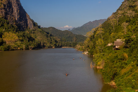 Nam Ou river in Nong Khiaw, Laosの写真素材