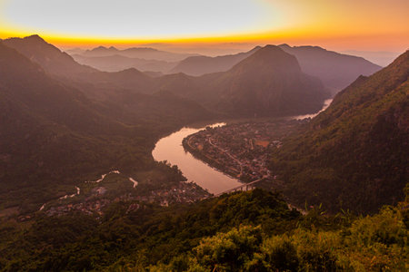 Evening aerial view of Nong Khiaw, Laosの写真素材