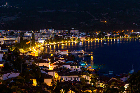 Evening aerial view of Ohrid town, North Macedoniaの写真素材