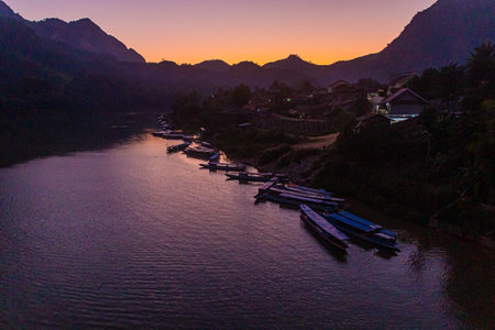 Evening view of Nam Ou river in Nong Khiaw, Laos