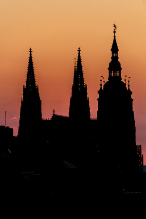 Early morning view of St. Vitus cathedral silhouette in Prague, Czech Republicの写真素材