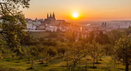 Sunrise view of Prague with the Prague Castle, Czechiaの写真素材