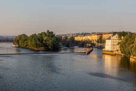 View of Vltava river with most Legii bridge in Prague, Czech Republicの写真素材