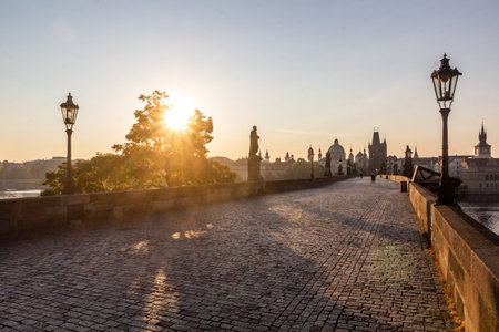 Morning view of Charles Bridge in Prague, Czech Republicの写真素材