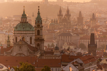 Early morning aerial view of Prague with St. Nicholas Church, Czech Republicの写真素材