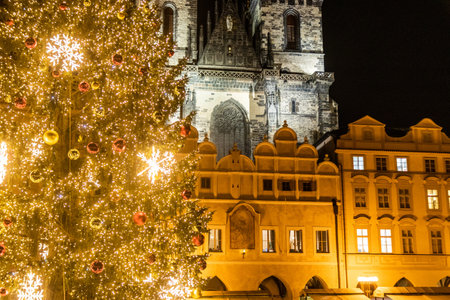 View of a Christmas tree and the Church of Our Lady before Tyn on the Old town square in Prague, Czech Republicの写真素材