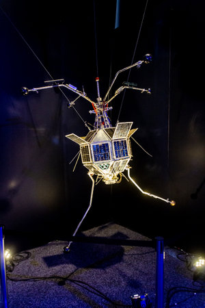 PRAGUE, CZECHIA - JULY 10, 2020: Model of Czech satellites Magion 2 to 5 at Cosmos Discovery Space...