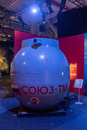 PRAGUE, CZECHIA - JULY 10, 2020: Cabin of Soyuz 3-TM at Cosmos Discovery Space Exhibition in Prague,...