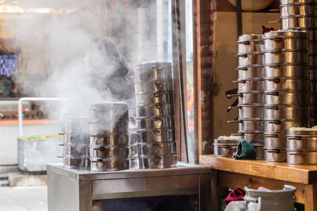 Morning view of dumplings being prepared for breakfast in Beijing, China
