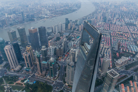 Evening aerial view of central Shanghai with Huangpu river, China