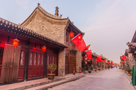 View of a street in Pingyao Ancient City, Chinaの写真素材