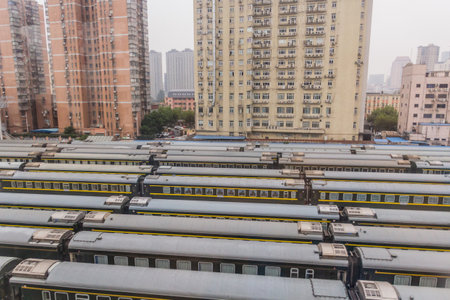 Trains at the Shanghai railway station, Chinaの写真素材