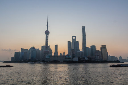 Skyline of Pudong in Shanghai, Chinaの写真素材