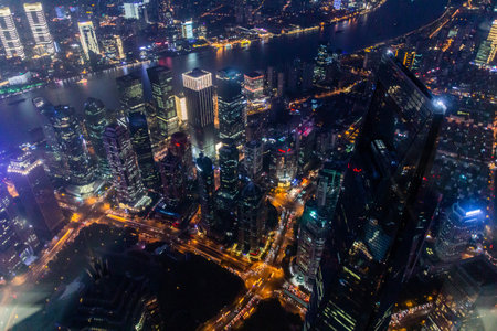 Night aerial view of skyscrapers in Shanghai, Chinaの写真素材