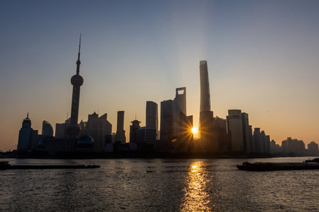 Sunrise view of Pudong in Shanghai skyline, Chinaの写真素材