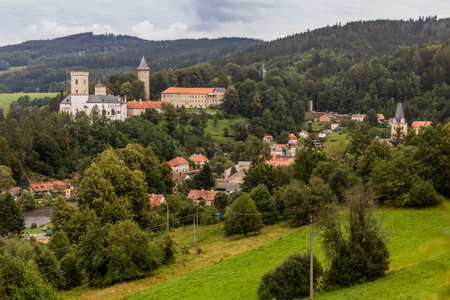 View of Rozmberk castle and village Rozmberk nad Vltavou, Czech Republicの写真素材