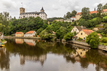 View of Rozmberk castle and village Rozmberk nad Vltavou, Czech Republicの写真素材