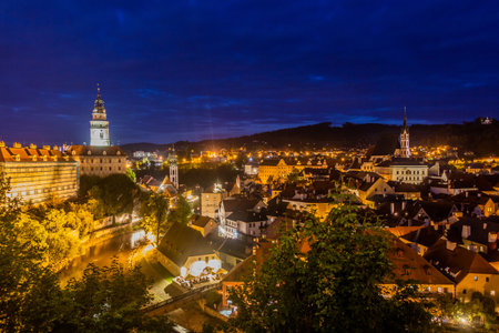 Evening aerial view of Cesky Krumlov, Czech Republicの写真素材