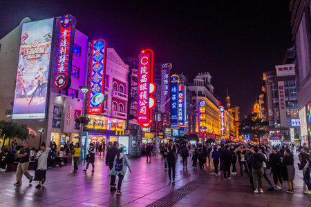 SHANGHAI, CHINA - OCTOBER 23, 2019: Night view of pedestrian Nanjing Road in Shanghai, Chinaのeditorial素材