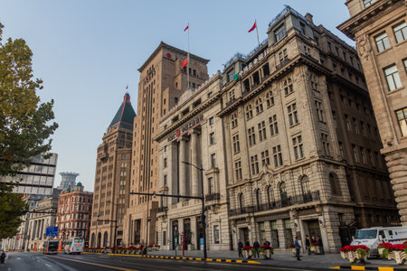 SHANGHAI, CHINA - OCTOBER 24, 2019: Historical buildings at The Bund in Shanghai, China