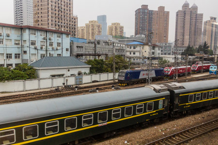 SHANGHAI, CHINA - OCTOBER 25, 2019: Trains at the Shanghai railway station, Chinaのeditorial素材