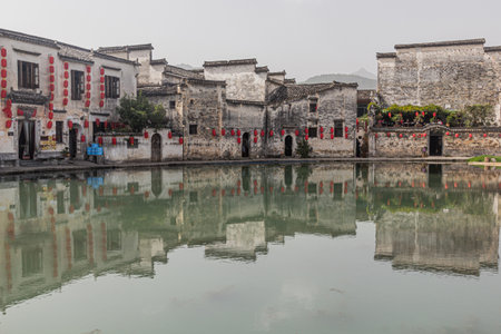 Moon pond in Hongcun village, Anhui province, Chinaの写真素材