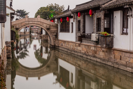 Canal in Luzhi water town, Jiangsu province, Chinaの写真素材