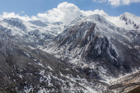 Snow covered peaks near Siguniangshan town in Sichuan province, China