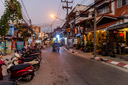 CHIANG MAI, THAILAND - DECEMBER 3, 2019: Evening view of Loi Kroh road (Red light district) in Chiang Mai, Thailandのeditorial素材