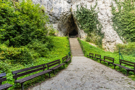 Entrance of Katerinska jeskyne cave in the Moravian Karst Area, Czech Republicの写真素材