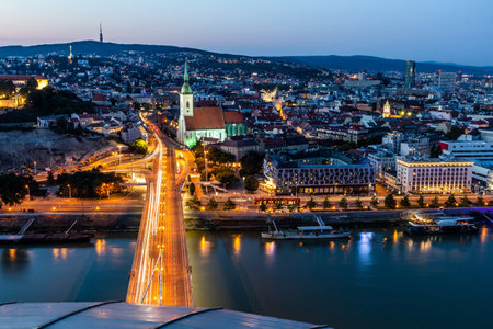 Evening aerial view of the old town in Bratislava, capital of Slovakiaの写真素材