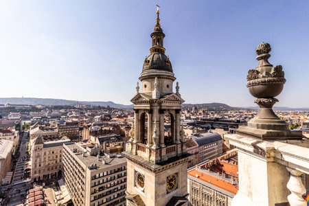Aerial view of Budapest from St. Stephen's Basilica's cupola with its tower, Hungaryの写真素材