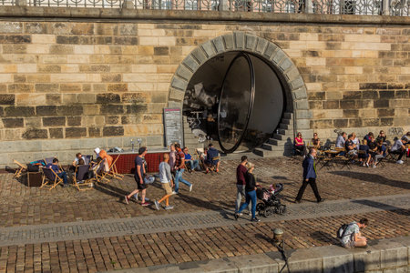 PRAGUE, CZECH REPUBLIC - SEPTEMBER 6, 2020: Rasinovo embankment with renovated dungeons in Prague, Czech Republicのeditorial素材