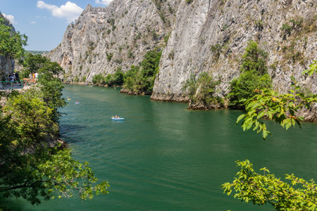 MATKA, NORTH MACEDONIA - AUGUST 10, 2019: Boating in Matka canyon in North Macedoniaのeditorial素材