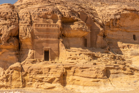 Rock cut tombs at Jabal al Ahmar hill at Hegra (Mada'in Salih) site near Al Ula, Saudi Arabia