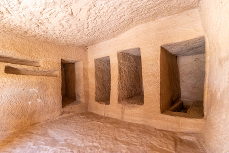 Rock cut tomb in Jabal Al Banat hill at Hegra (Mada'in Salih) site near Al Ula, Saudi Arabiaの写真素材