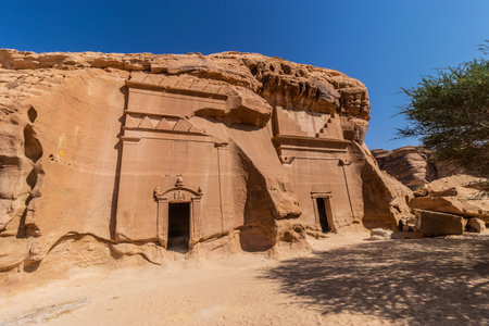 Rock cut tombs 39 and 40 in Jabal Al Banat hill at Hegra (Mada'in Salih) site near Al Ula, Saudi Arabiaの写真素材