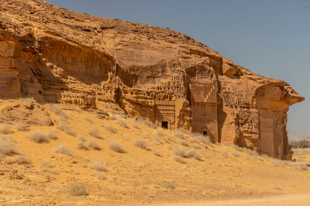 Rock cut tombs at Jabal al Ahmar hill at Hegra (Mada'in Salih) site near Al Ula, Saudi Arabiaの写真素材