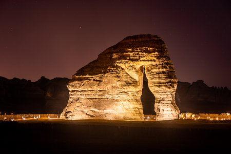 Night view of Jabal Al-Fil (Elephant Rock) rock formation near Al Ula, Saudi Arabiaの写真素材