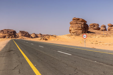 Road 70 through desert near Al Ula, Saudi Arabiaの写真素材