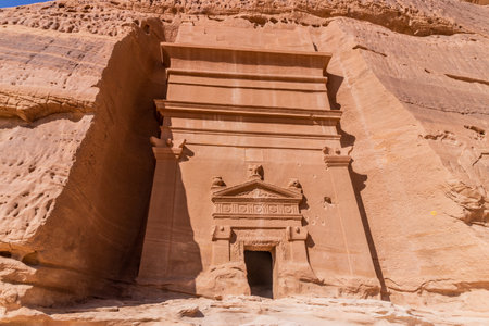 Rock cut tomb 45 in Jabal Al Banat hill at Hegra (Mada'in Salih) site near Al Ula, Saudi Arabia