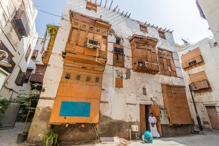 JEDDAH, SAUDI ARABIA - NOVEMBER 15, 2021: Traditional houses in Al Balad,  historic center of Jeddah, Saudi Arabiaのeditorial素材