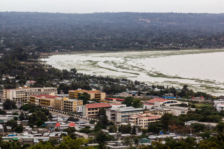 Aerial view of Awassa lake and Hawassa city, Ethiopiaの写真素材