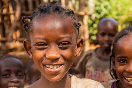KONSO, ETHIOPIA - FEBRUARY 7, 2020: Children in a traditional Konso village, Ethiopiaのeditorial素材