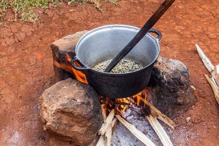 Coffee roasting at a farm in Sipi village, Ugandaの写真素材