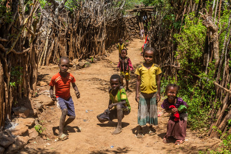 KONSO, ETHIOPIA - FEBRUARY 7, 2020: Children in a traditional Konso village, Ethiopia