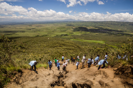 LONGONOT, KENYA - FEBRUARY 15 2020: Children hiking in Longonot National Park, Kenyaのeditorial素材